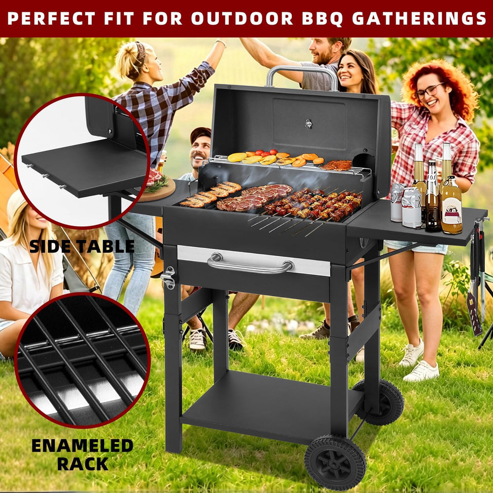 Charcoal Grill with 2 Side Tables 343 Sq.In.for BBQ Outdoor Cooking
