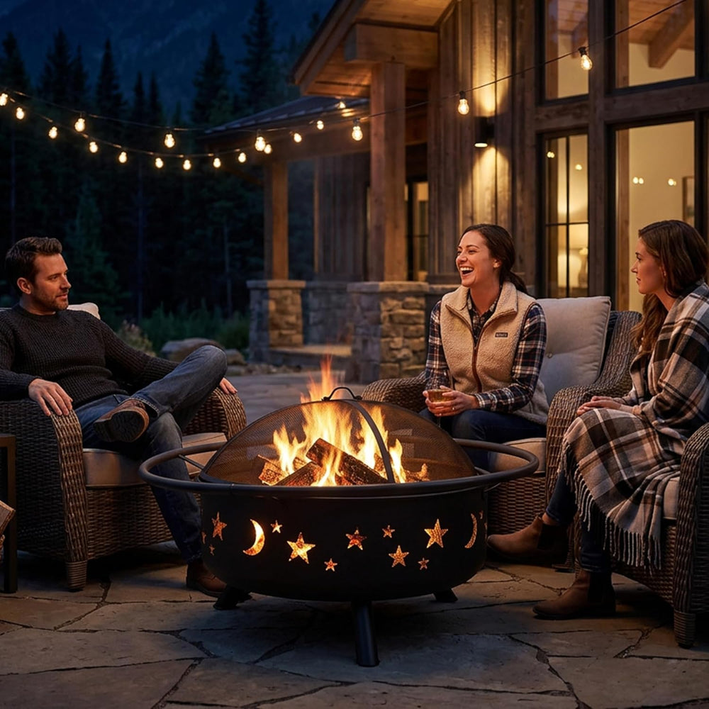 Sunnydaze Cosmic 42" Large Fire Pit for Outside Wood Burning, Round, Metal