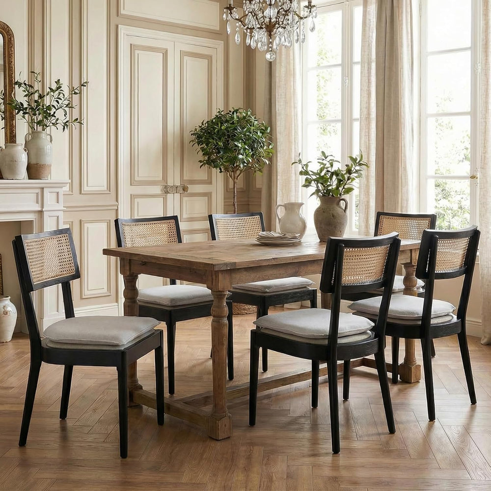 Rattan Dining Chairs Set of 6, Linen Upholstered Kitchen Chairs