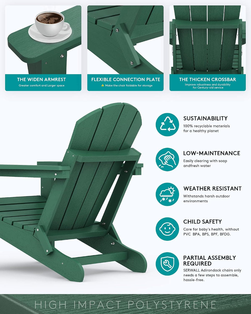 SERWALL Folding Adirondack Chair with Cup Holder, Outdoor Fire Pit - Green