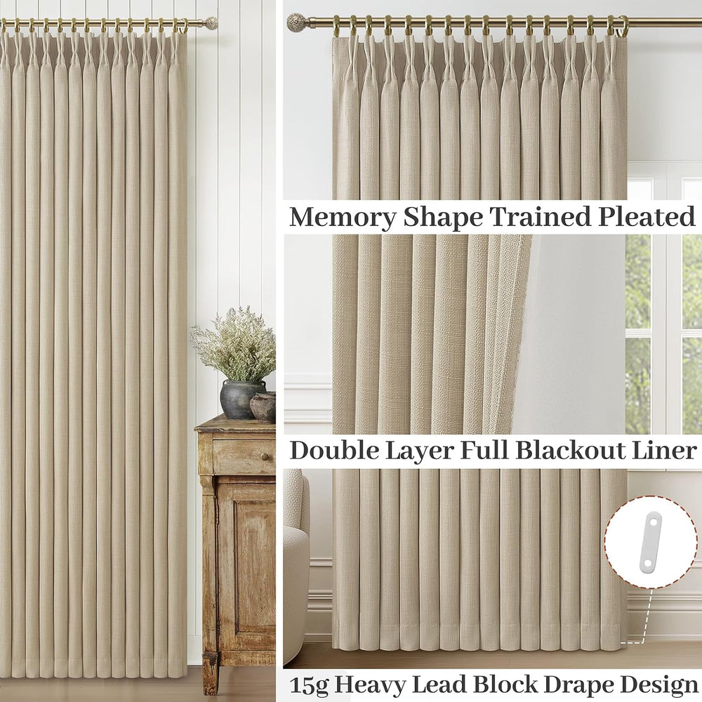 Pinch Pleated Linen Blackout Living Room Curtains 4 Panels Set 96 Inches Long...