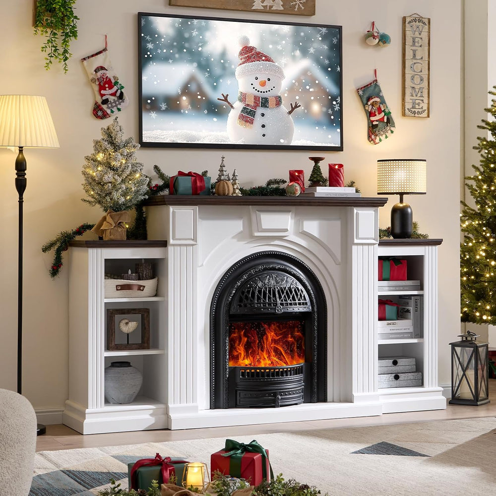 Farmhouse Electric Fireplace with Mantel, 76" Fireplace TV Stand Enterta...