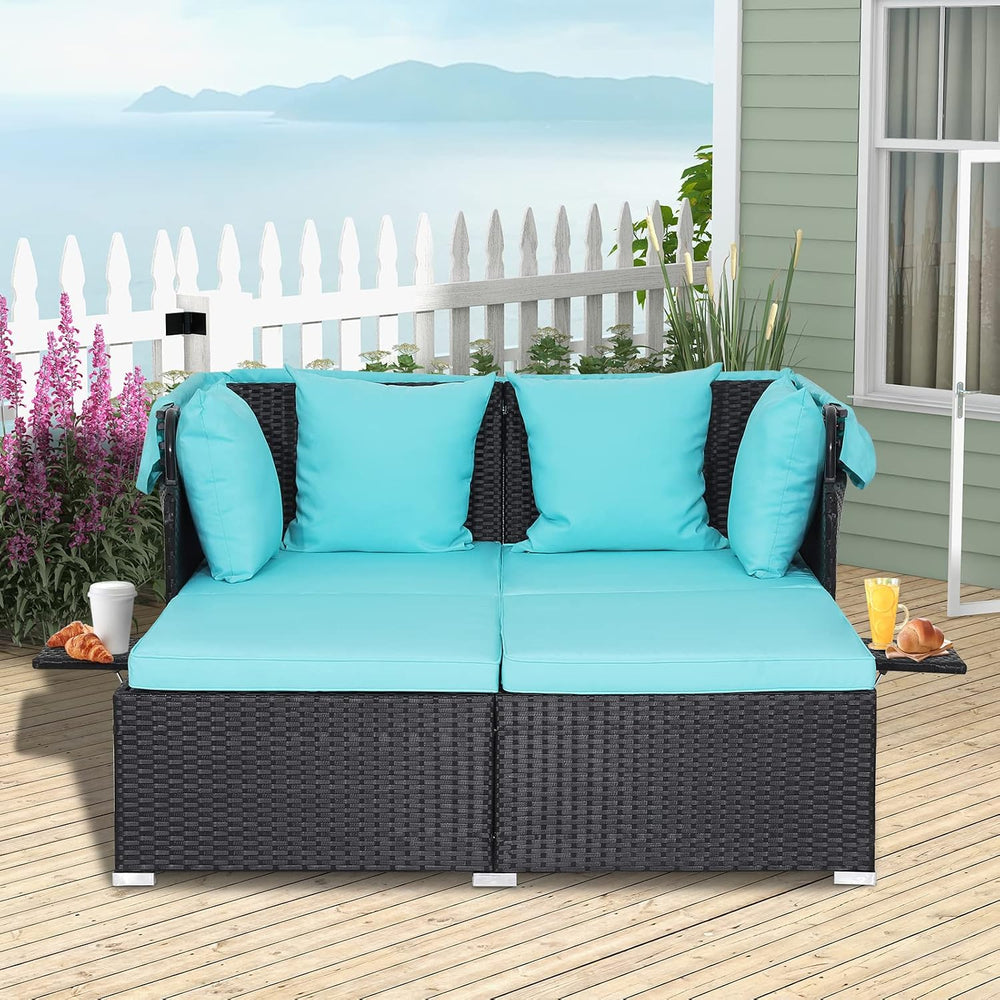 ORALNER Outdoor Daybed, 2-Person Wicker Patio Sofa with Retractable Canopy, C...