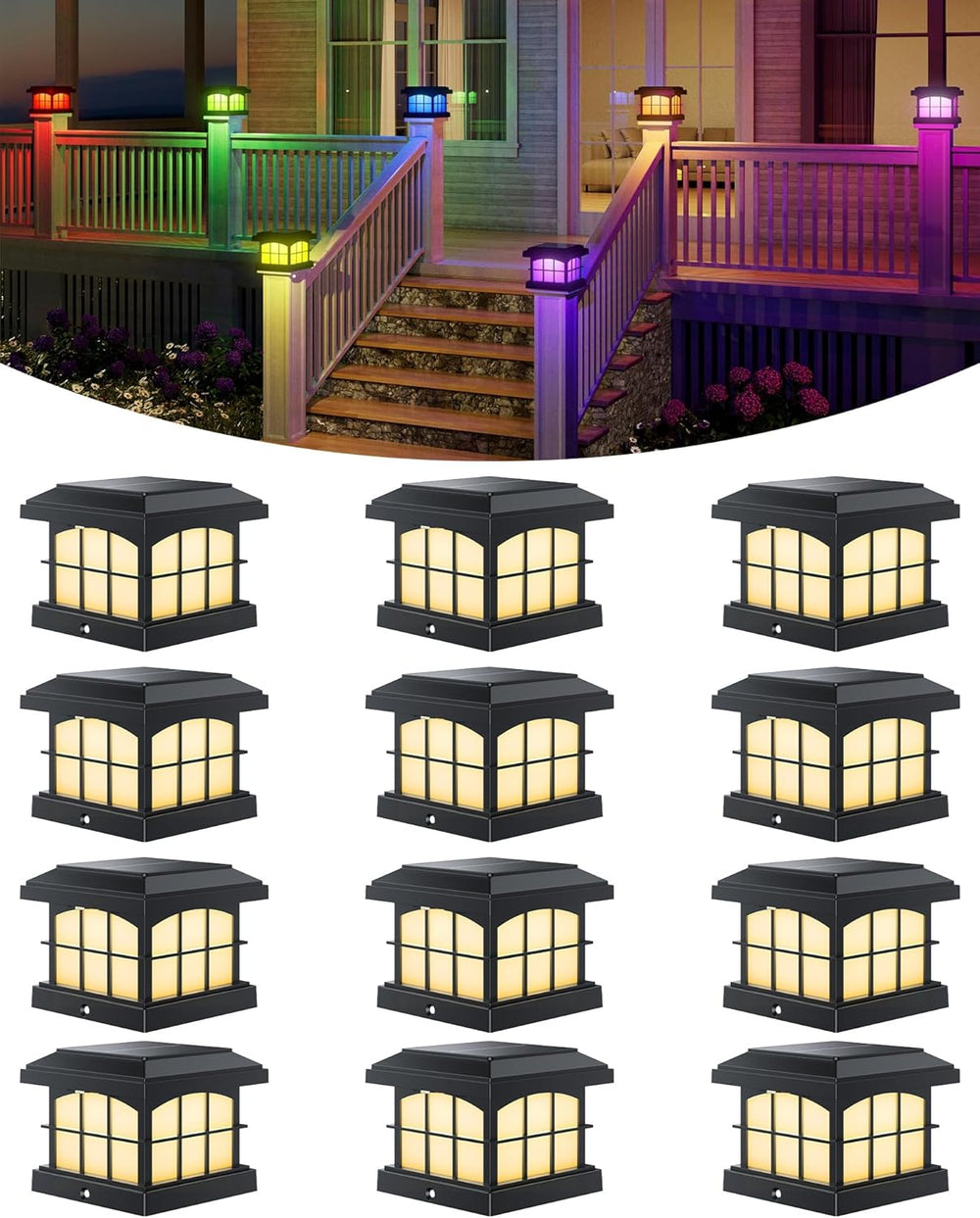 PARTPHONER RGBCW Solar Post Cap Lights 12-Pack, 9 Colors 3 Modes Fence Cap Li...