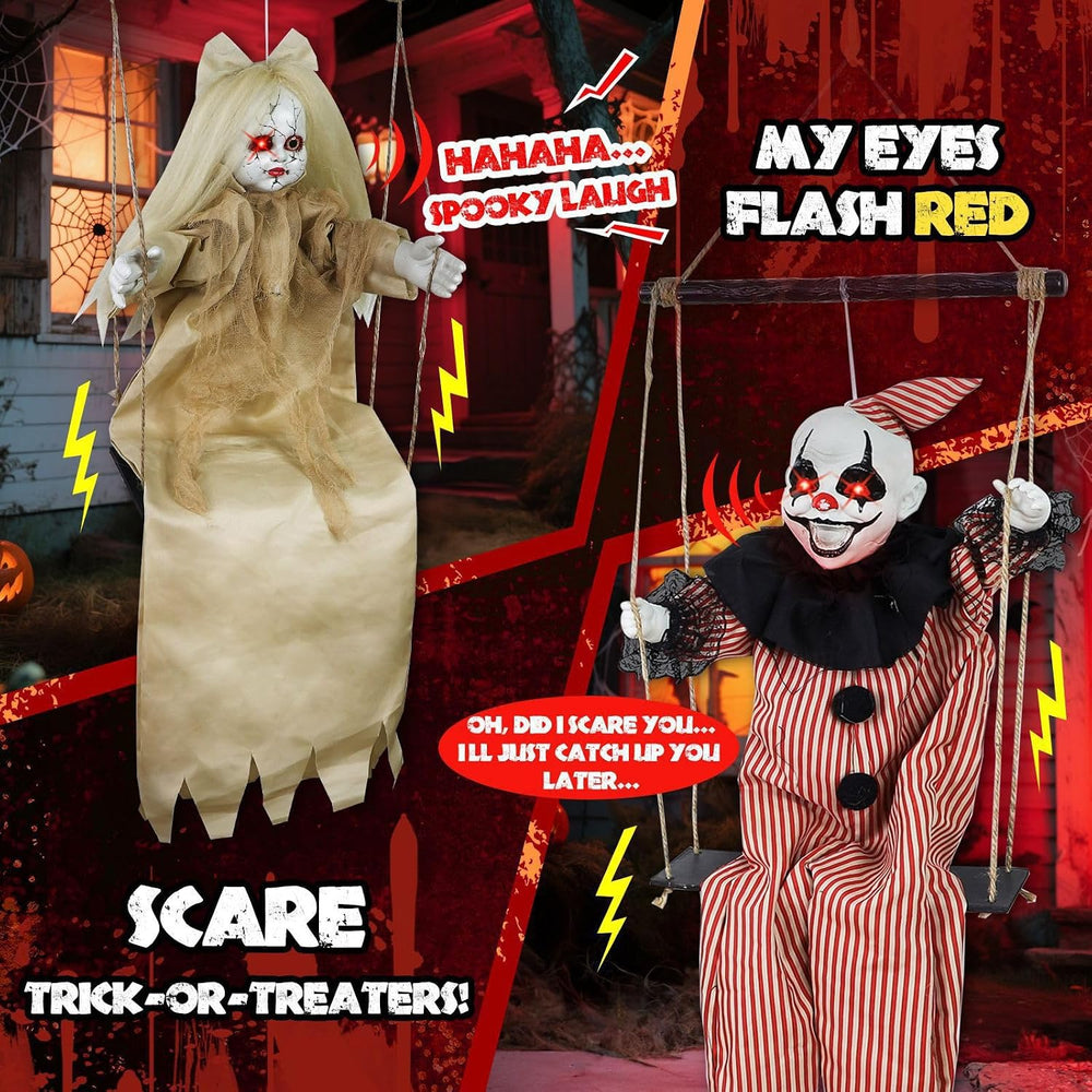 2 Pack Hanging Halloween Decorations Outdoor Swinging Clown & Girl Ghost