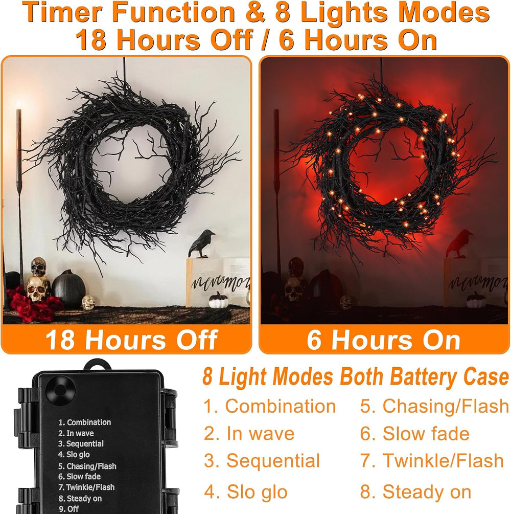 9 Ft 66 LED Willow Vine Twig Decor Black Halloween Garland with Orange Lights...