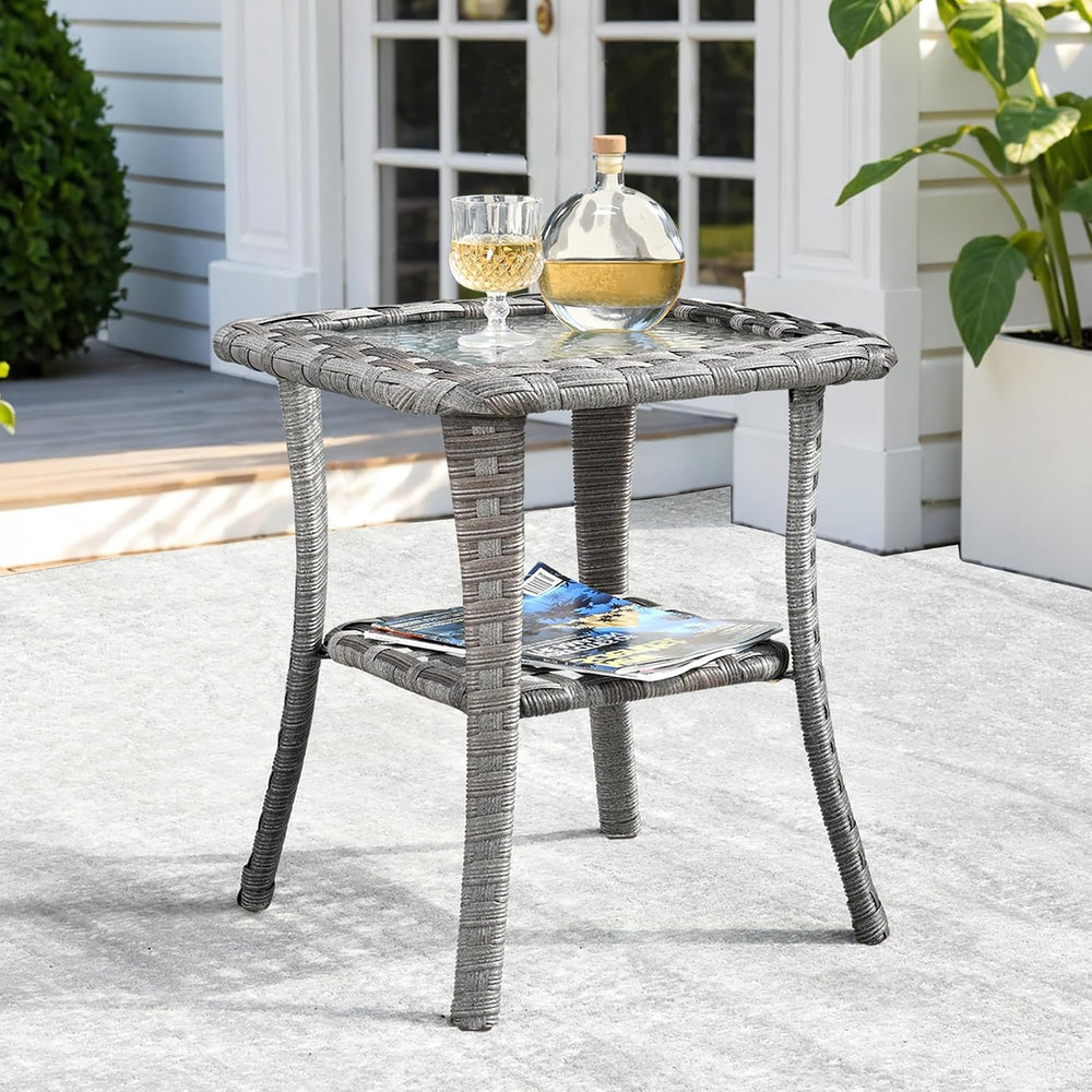 ovios Outdoor Side Table with Tempered Glass Top, Patio Wicker Rattan 2-Tier ...
