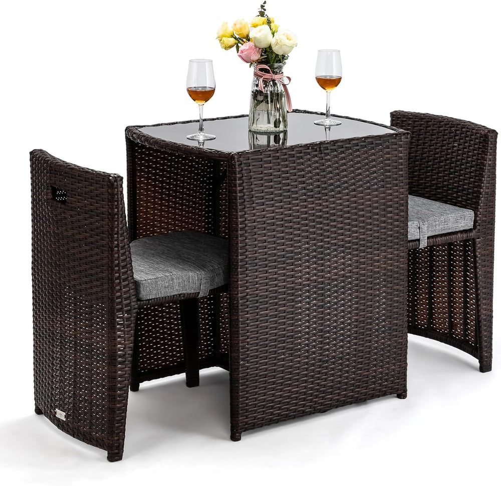 Bonnlo 3 PCS Wicker Outdoor Patio Bistro Set, Patio Furniture Set for Small S...