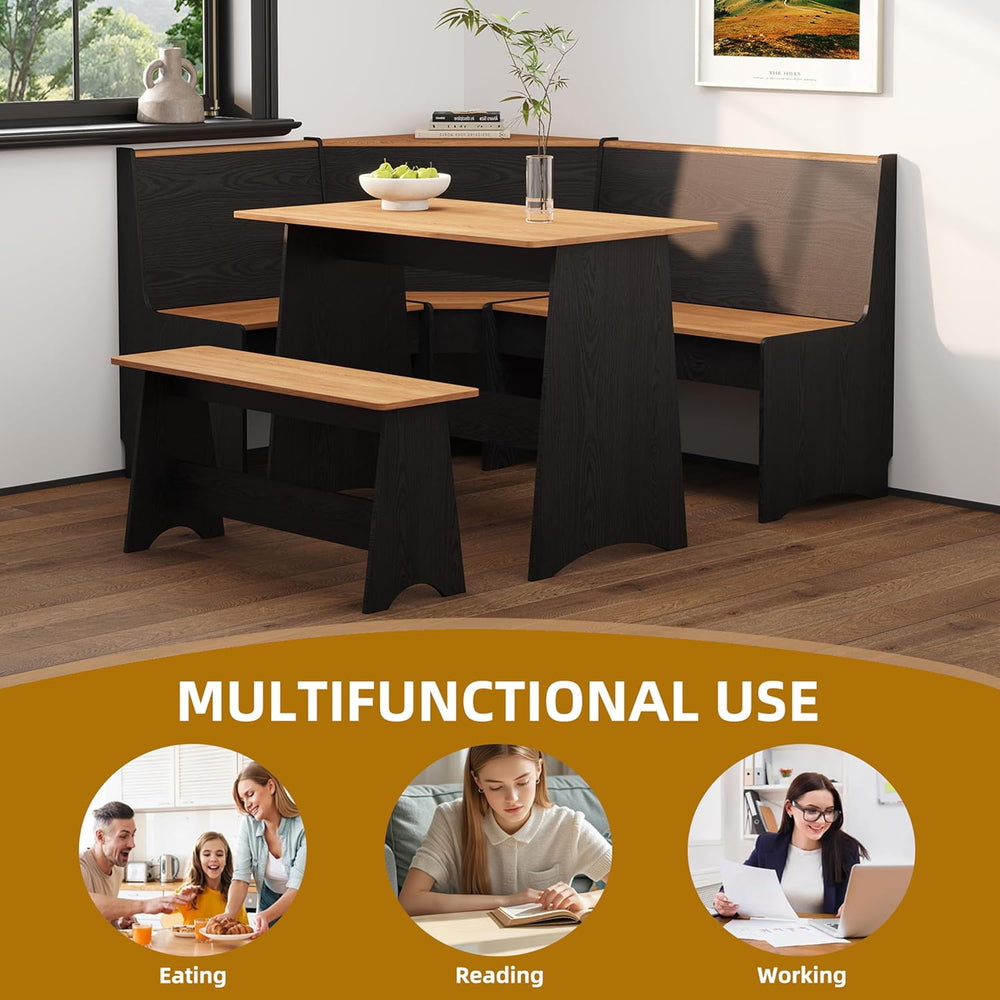 Farmhouse Breakfast Nook Table Set with Corner Bench (Black + Natural)