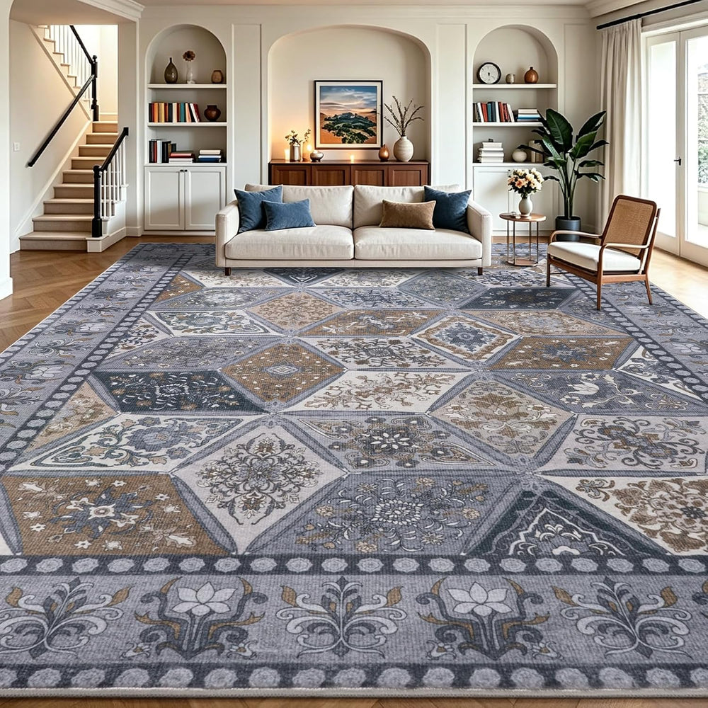 Vintage Washable Living Room Carpet 9x12, Moroccan Patchwork Rug, Dark Grey