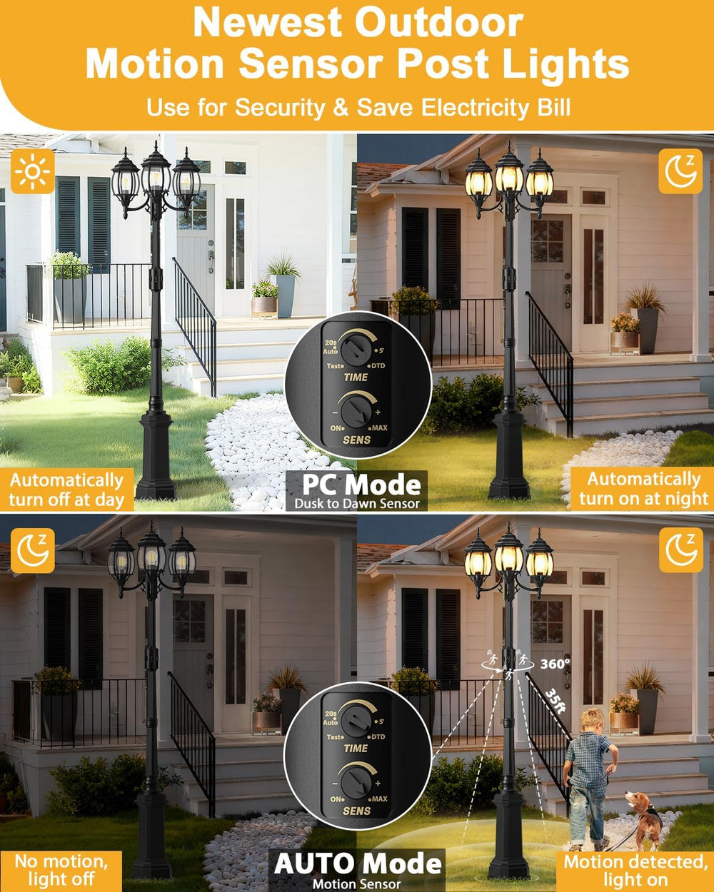 Redluck Motion Sensor Outdoor Post Lights, 3-Head Dusk to Dawn Lamp Post