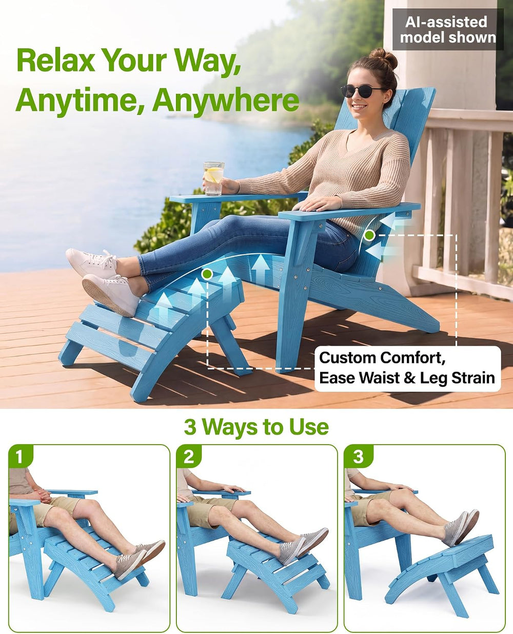 MXIMU Adirondack Ottoman for Adirondack Chair, Easy Assembly, All Weather