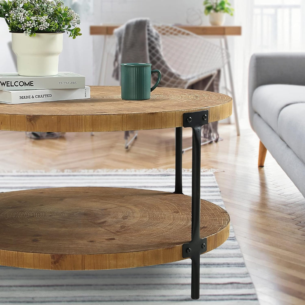 Awescuti Round Boho Wood Coffee Table - 29.1" Farmhouse Natural Circle W...