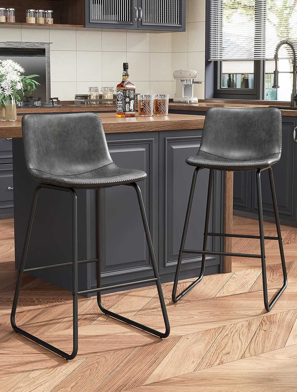 REONEY Bar Stools Set of 2, 26" Urban Faux Leather Counter Stools, Grey
