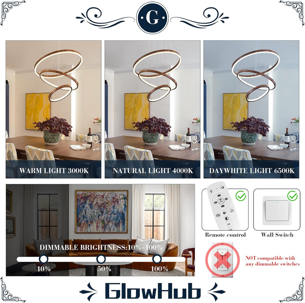 GlowHub 3-Ring Modern LED Chandelier, Wood Grain Round Dimmable Pendant Light...