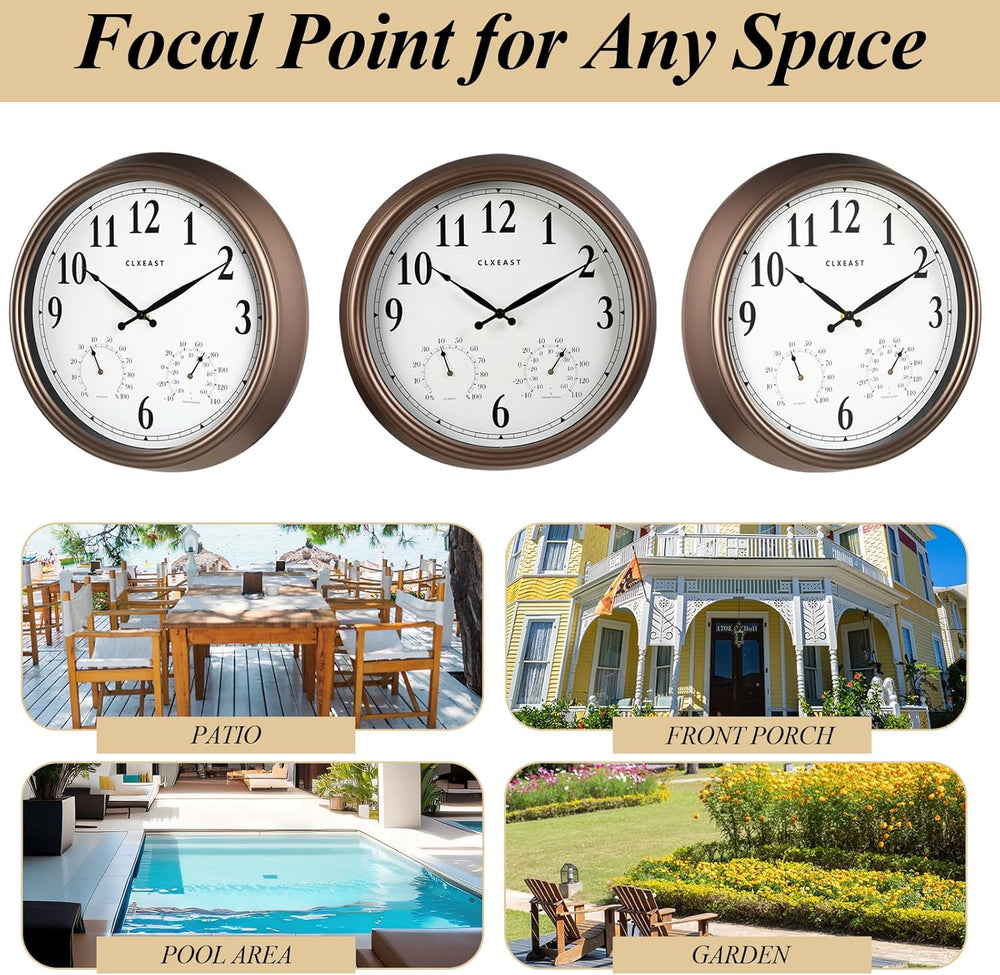 CLXEAST 16" Outdoor Clocks Waterproof with Temperature & Humidity,Brown