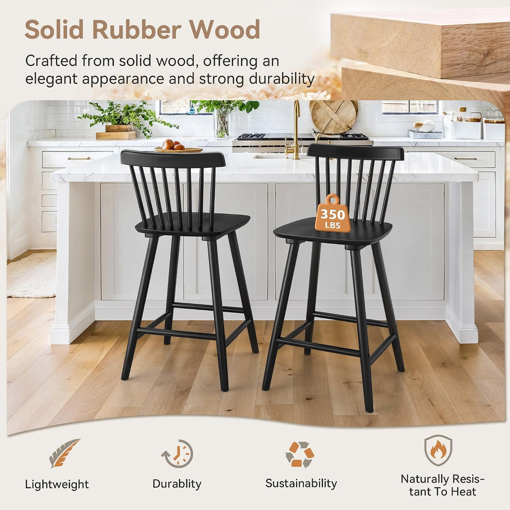 LUE BONA Upgraded Windsor Wooden Black Bar Stools Set of 3, 24 Inch Counter H...