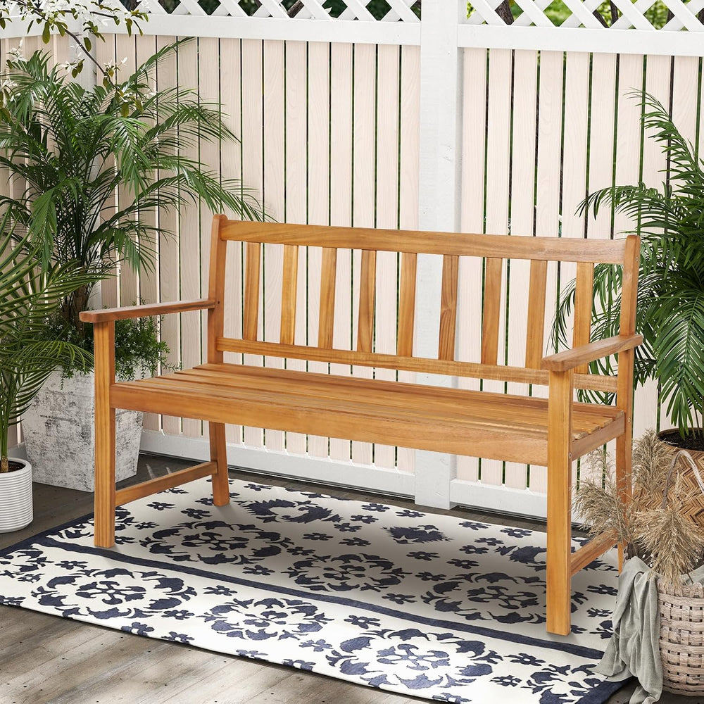 HAPPYGRILL Patio Wood Bench with Ergonomic Backrest & Armrests, 2-Person ...