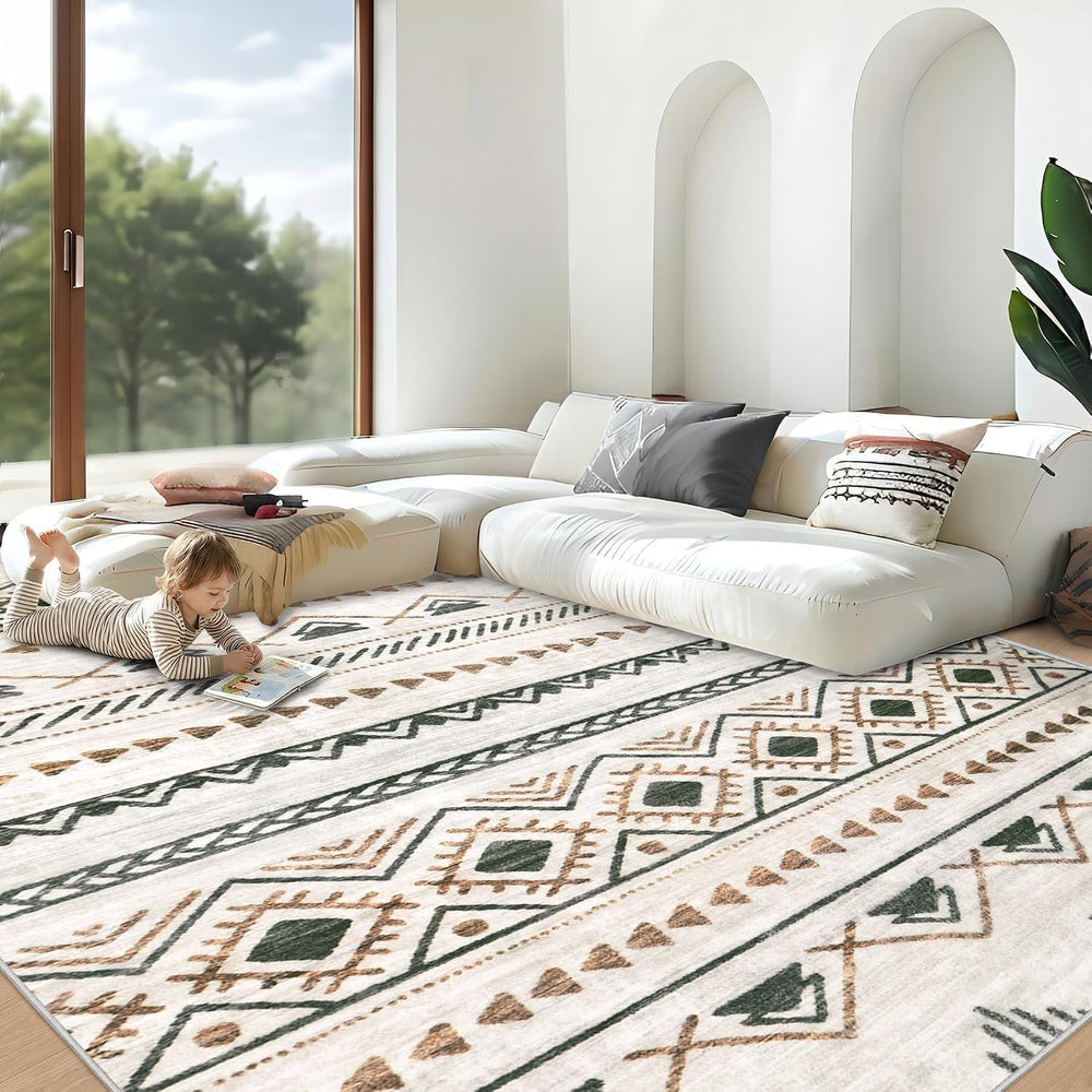 Area Rug Living Room Rugs 8x10 - Large Soft Boho Geometric Rug, Non-Slip Fold...