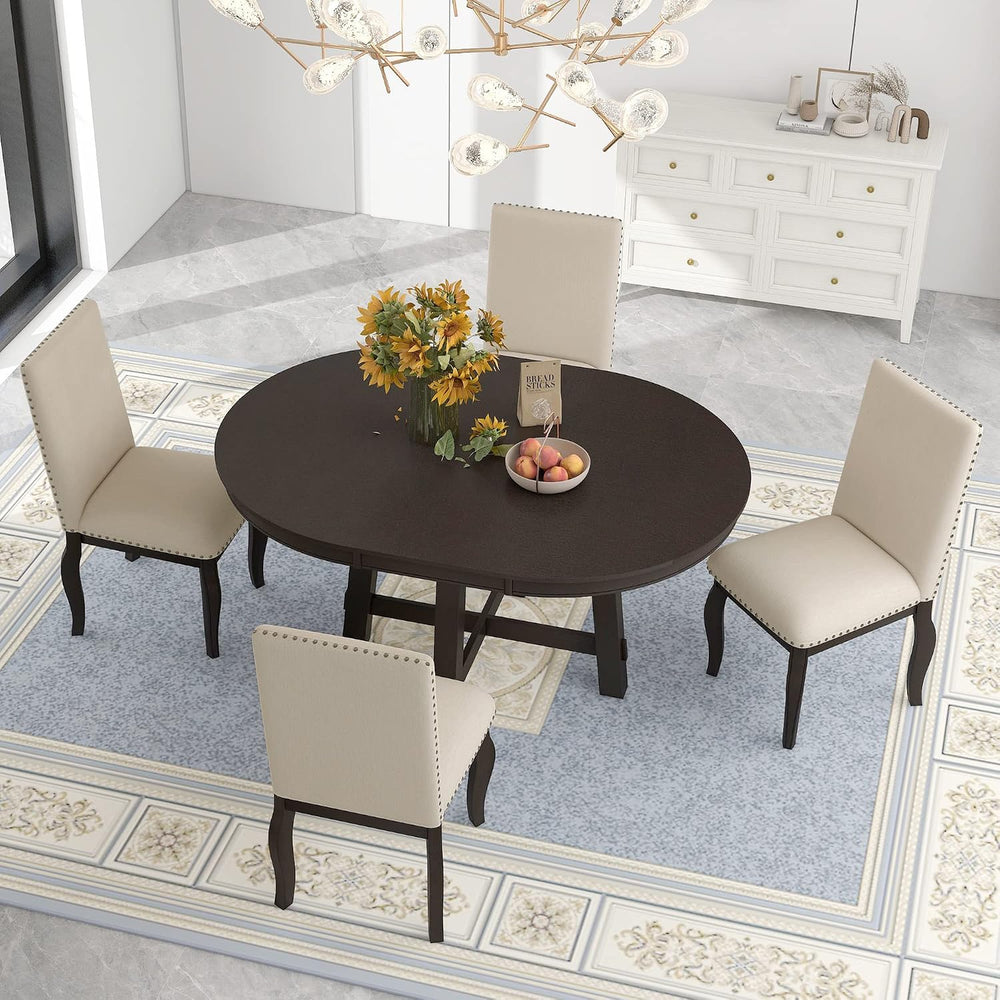 Merax Farmhouse Dining Table Set - Wood Round Extendable Dining Table and 4 U...