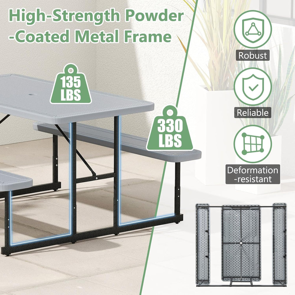 Tangkula Picnic Table, HDPE Outdoor Rectangular Table Bench Set with 2 Built-...