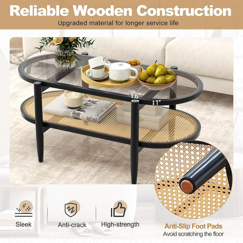 GIANTEX Rattan Coffee Table, 40" Wood Oval Center Table, Black