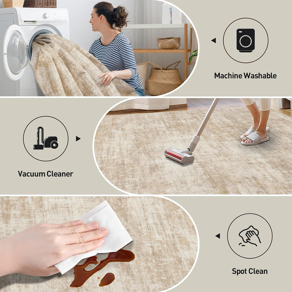 9x12 Area Rugs for Living Room: Washable Abstract Beige Badroom Carpet