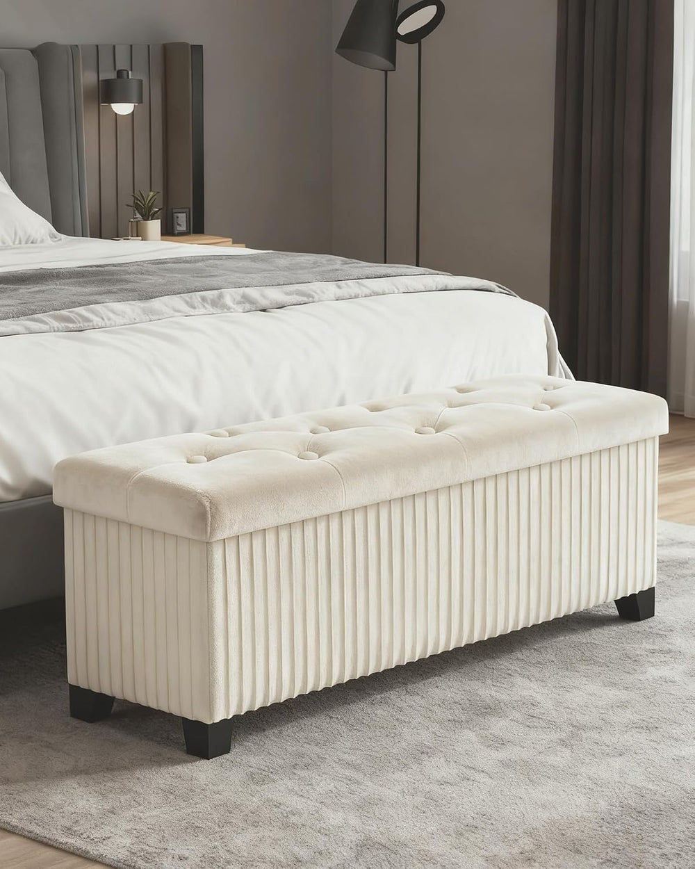 LITZFUR 43 Inches Storage Ottoman Bench, Velvet Foot Rest Stool, Beige