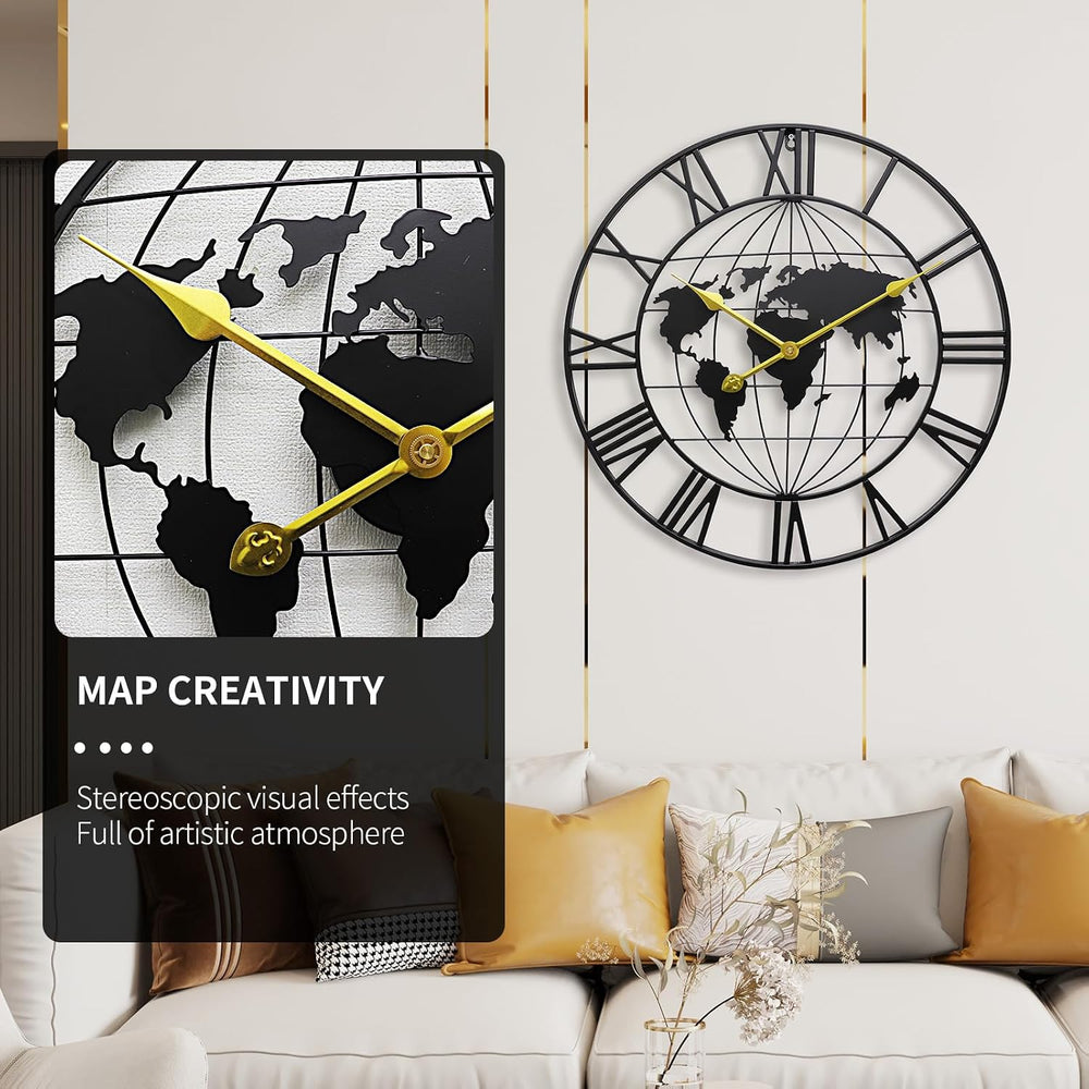 Large World Map Wall Clock,Metal Minimalist Decorative Modern Clock
