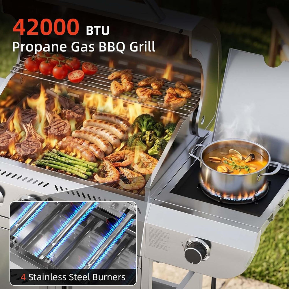 COWSAR 4-Burner Gas Grill, 42000 BTU BBQ Grill, Stainless Steel Barbecue Gril...