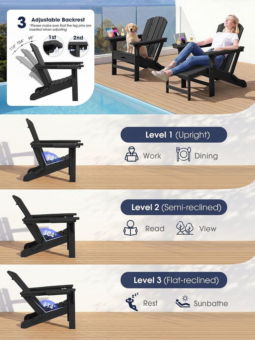 KINGYES Adjustable Folding Adirondack Chair with Footrest & 4-in-1 Multi-...