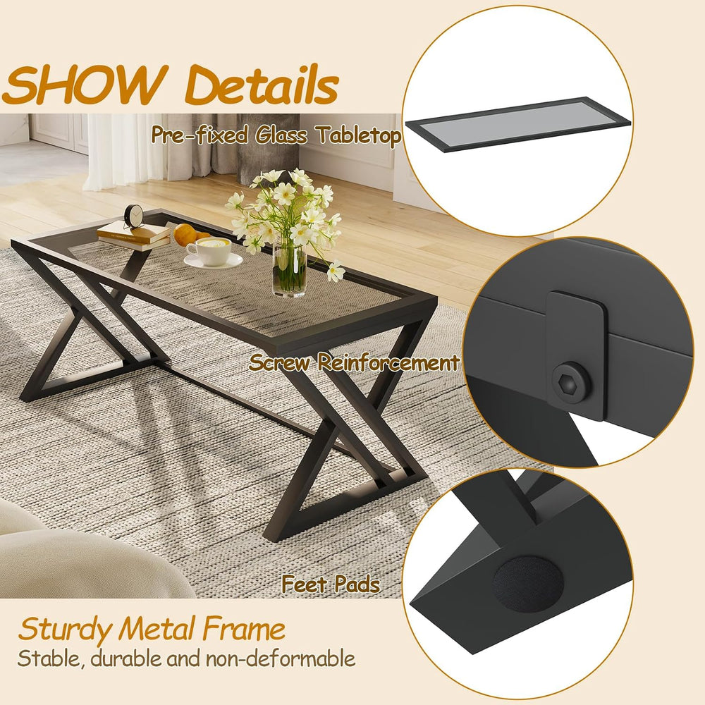 Wolawu Coffee Table Grey Glass Coffee Table for Living Room,Modern Rectangula...