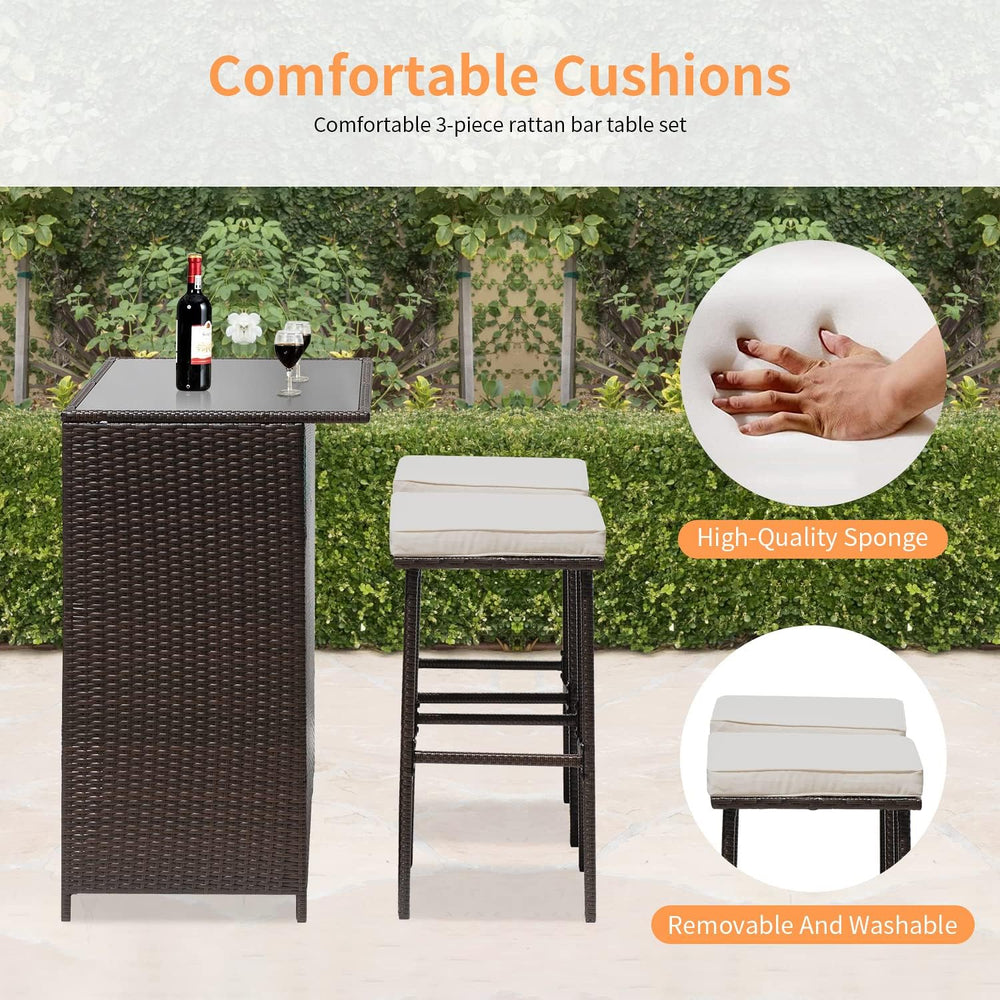 Wicker Patio Furniture 3 Piece Patio Bar Table Set Chairs Wicker Outdoor Ratt...