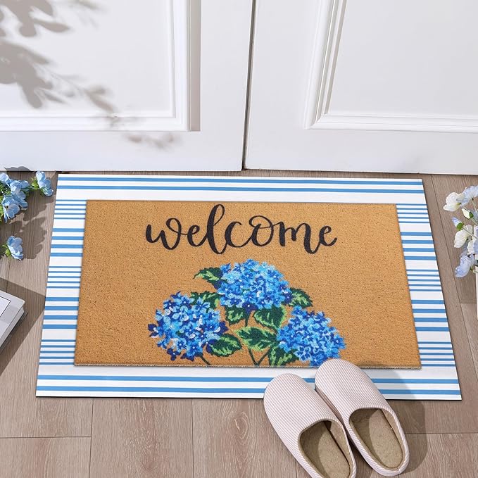 Tinideya 2 Pcs Hydrangea Door Mat Blue and White Stripe Welcome Non Slip Flow...