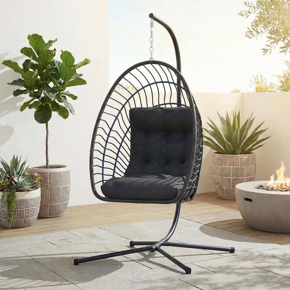 Kingdura Hanging Egg Chair with Stand Indoor Outdoor, Foldable Rattan Wicker ...