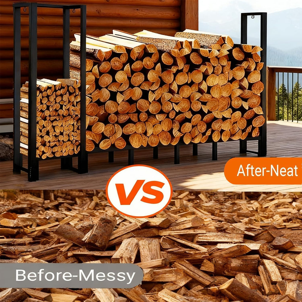 8ft Heavy Duty Firewood Rack with Kindling Storage,Black