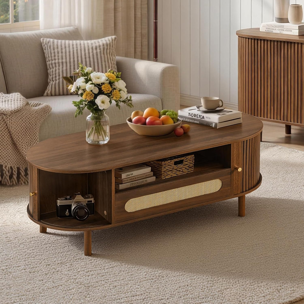 KISLOT Oval Coffee Table with Drawer,47.2" Fluted Center Table for Livin...