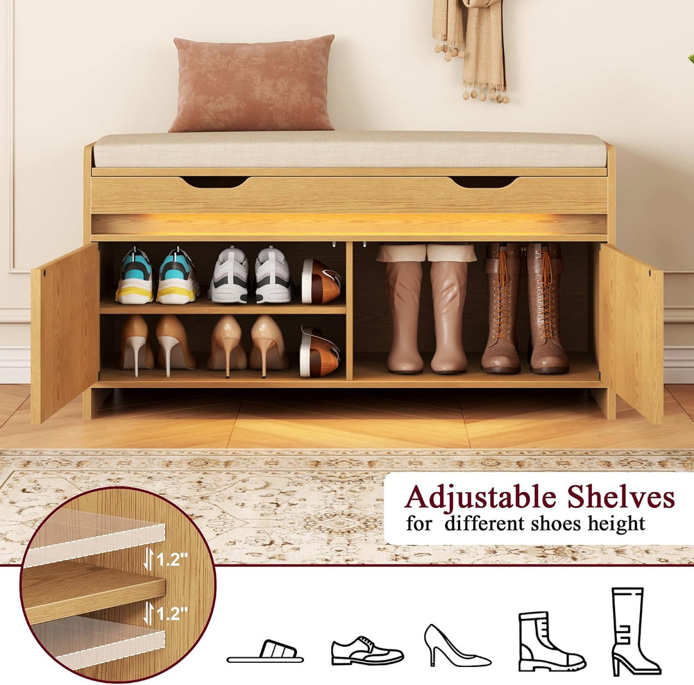HOMEFORT Shoe Storage Bench, Modern Entryway Bench with Fluted Doors & Bu...