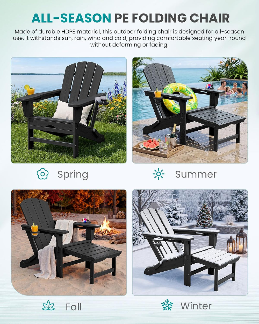 SERWALL HDPE Folding Adjustable Adirondack Chair with Footrest, Black