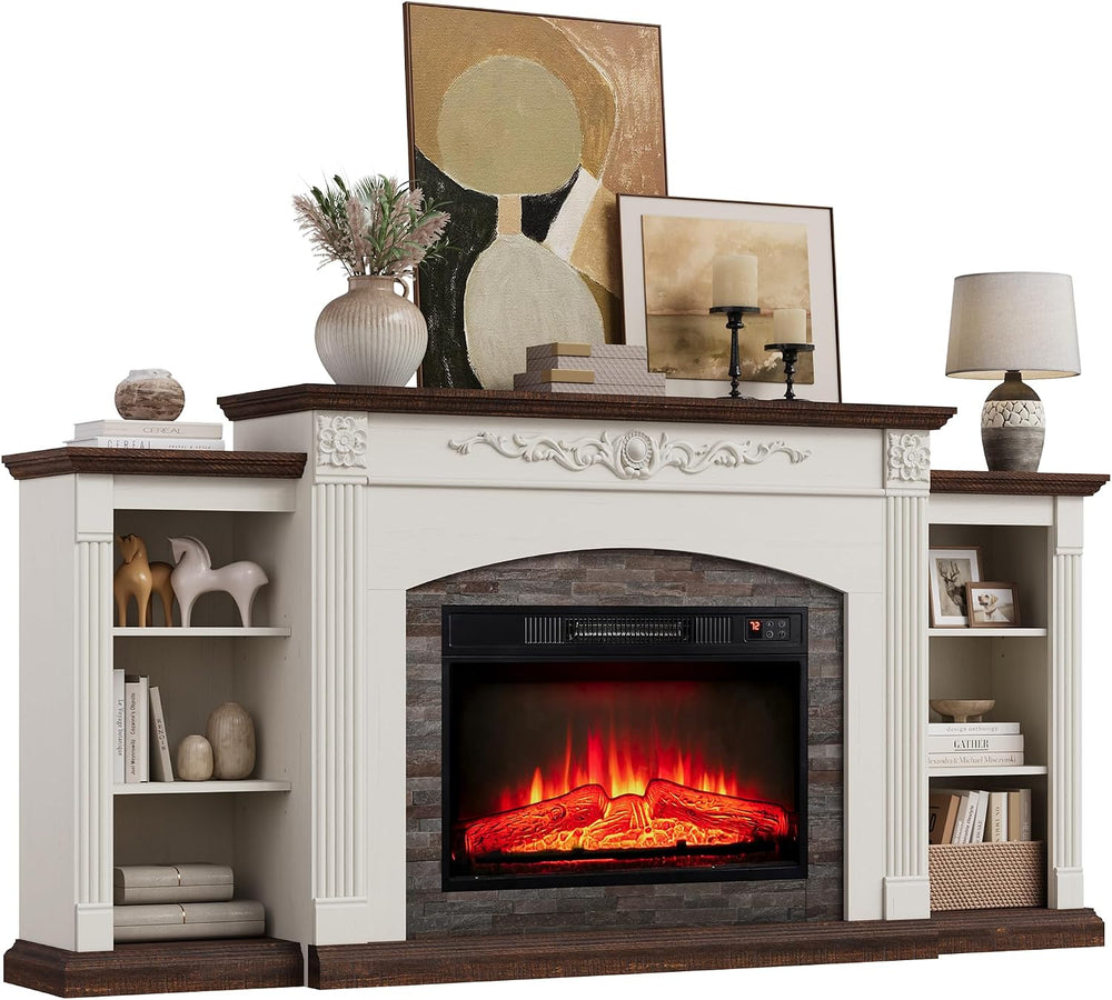 72" Electric Fireplace TV Stand for TVs Up to 85" with Mantel, White