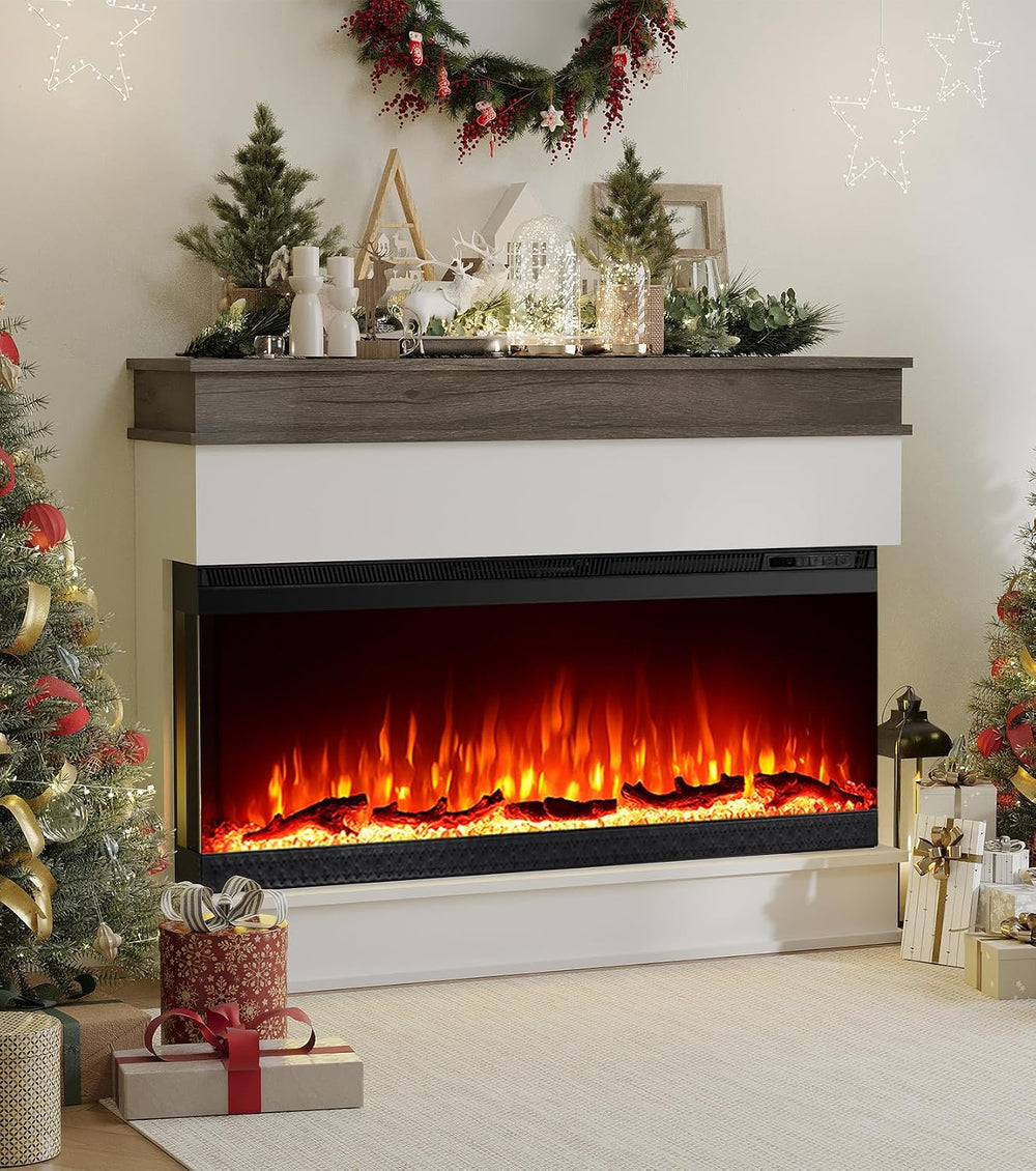 3-Sided View Electric Fireplace Insert - Minimalist Mantel - 12 Color Flame E...