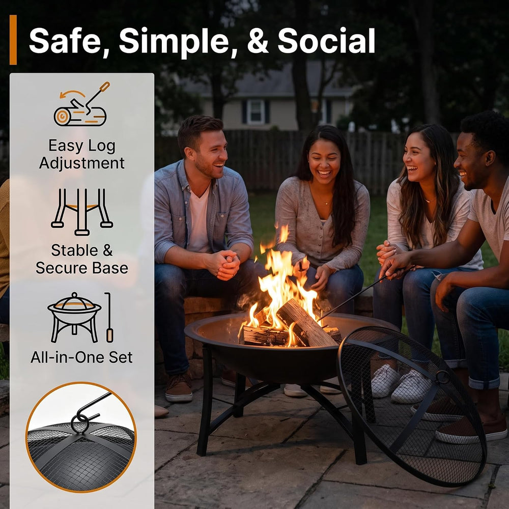 Fire Beauty 22" Outdoor Wood Burning Fire Pit with Spark Screen, Black