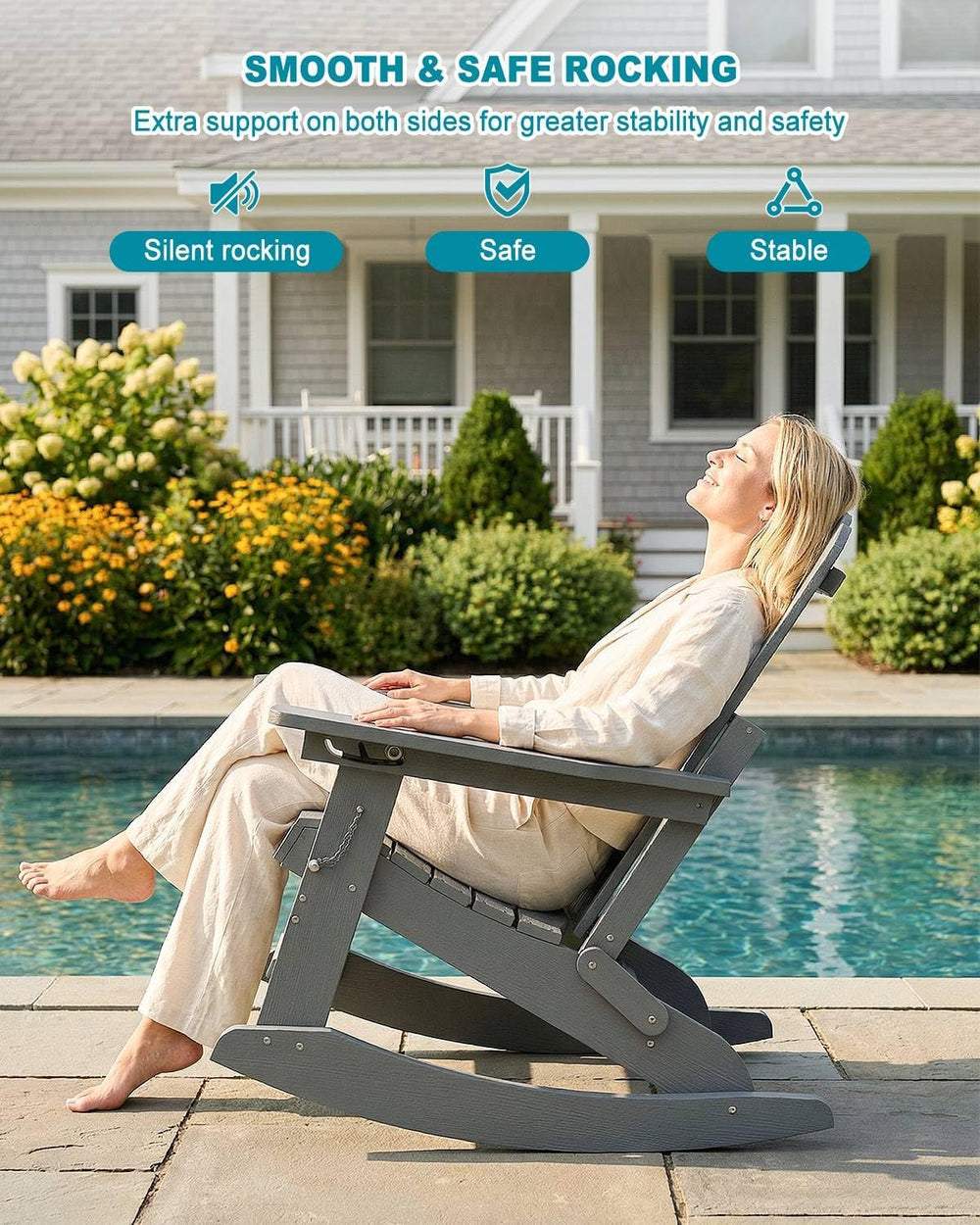 Folding Adirondack Rocking Chair with Retractable Ottoman for Patio, Porch