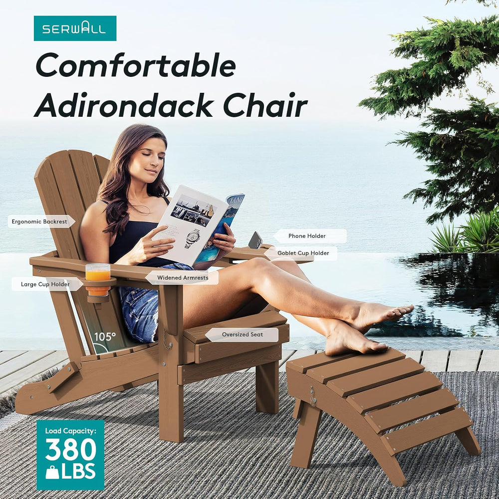 SERWALL Outdoor Adirondack Chairs with 2 Cup Holders,Foldable,Brown