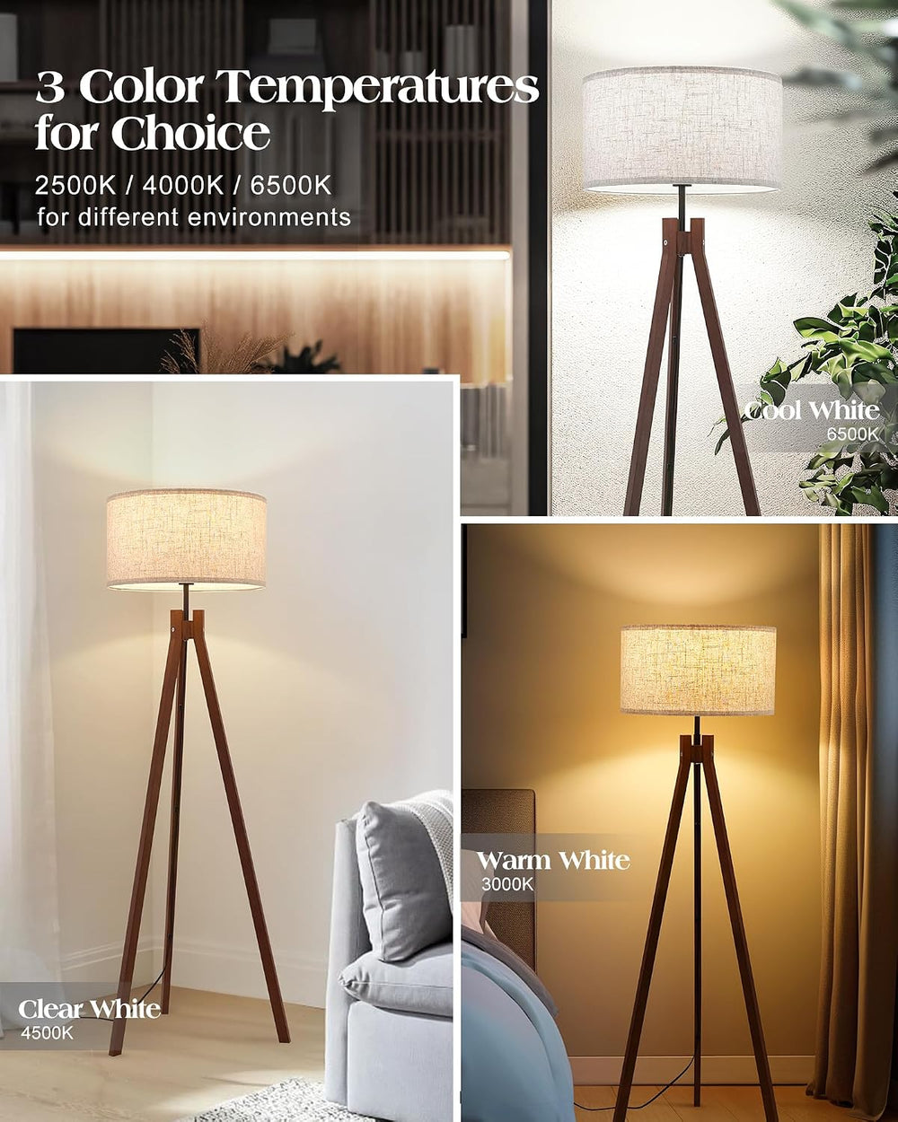ELYONA Wood Tripod Floor Lamp, Mid Century Reading Standing Lamp with 3 Color...