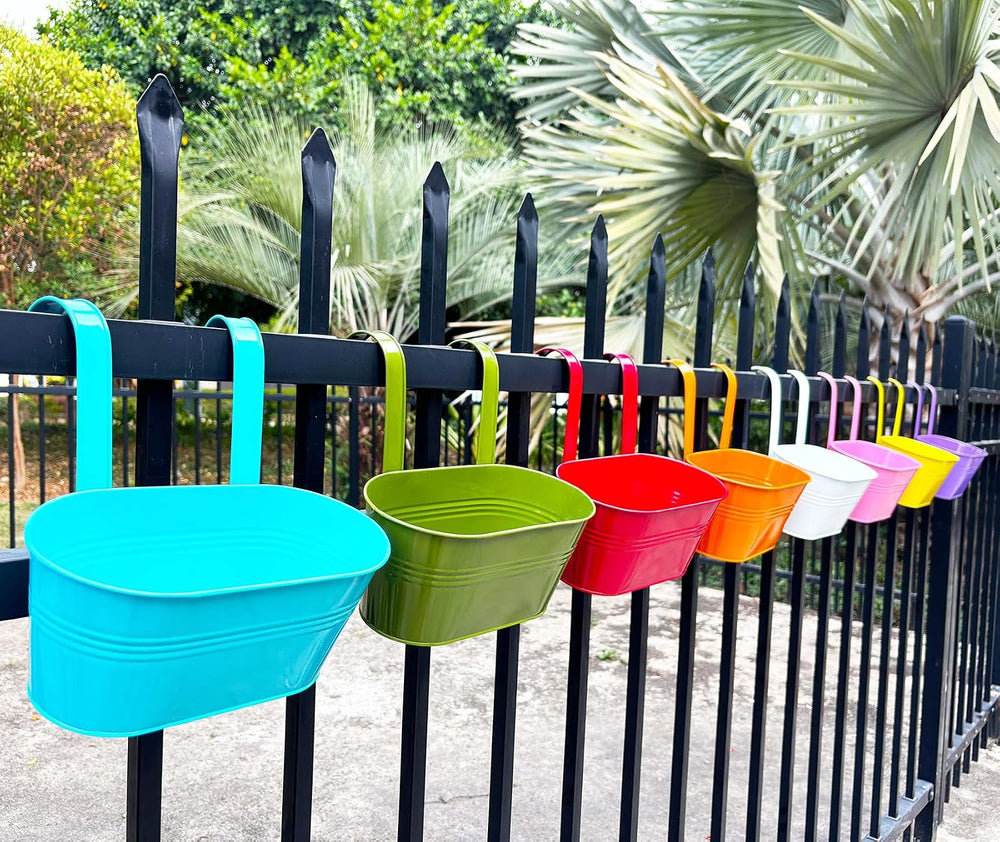 8 Pack 12" Colorful Metal Railing Planters with Hooks for Outdoor Fence