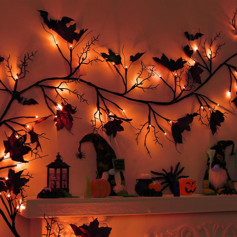 9 FT 72 LED Willow Vine Twig Decor Black Halloween Garland with Orange Lights...