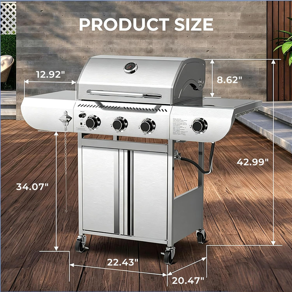 Electactic 3-Burner Propane Gas Grill with Side Burner, 34,000 BTU Stainless ...