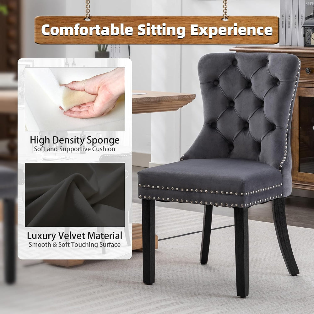 Velvet Dining Room Chairs Set of 2, Button Tufted, Wood Legs, Dark Gray