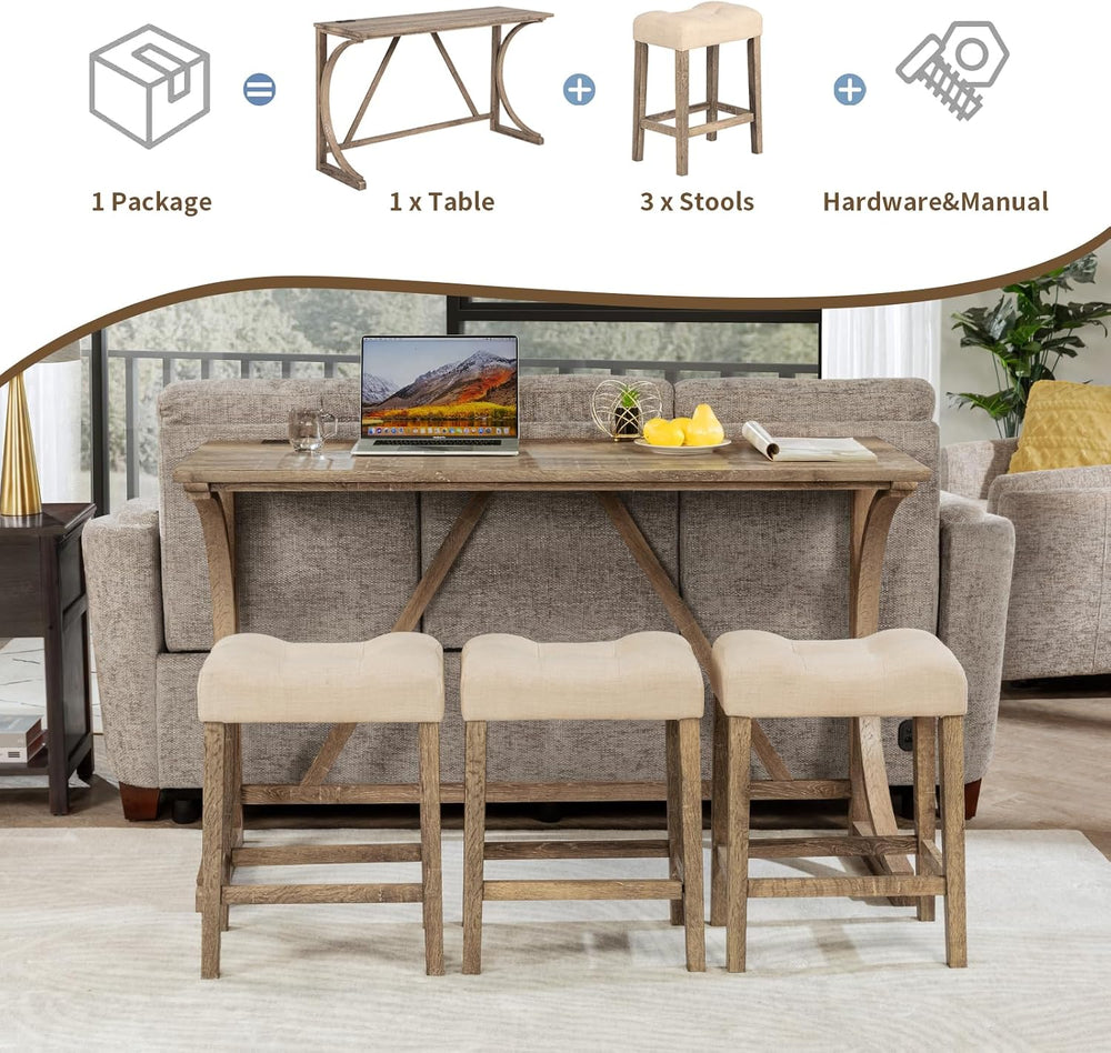 59" Counter Height Bar Table Set with Power Outlet, Industrial Breakfast...